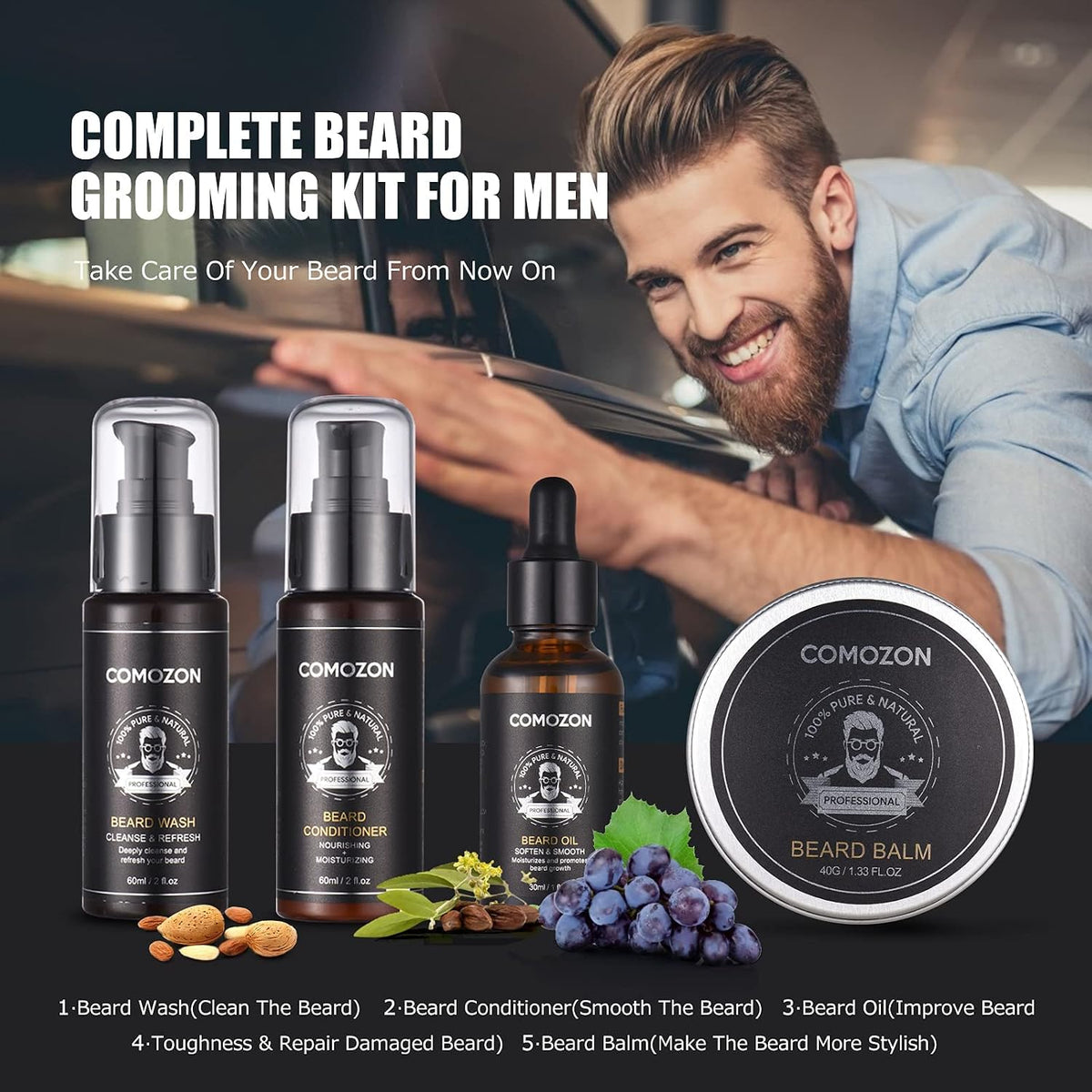 Kit Barbe Homme Complet 12 En 1, Rouleau Barbe, Rasoir, Lames Barbe